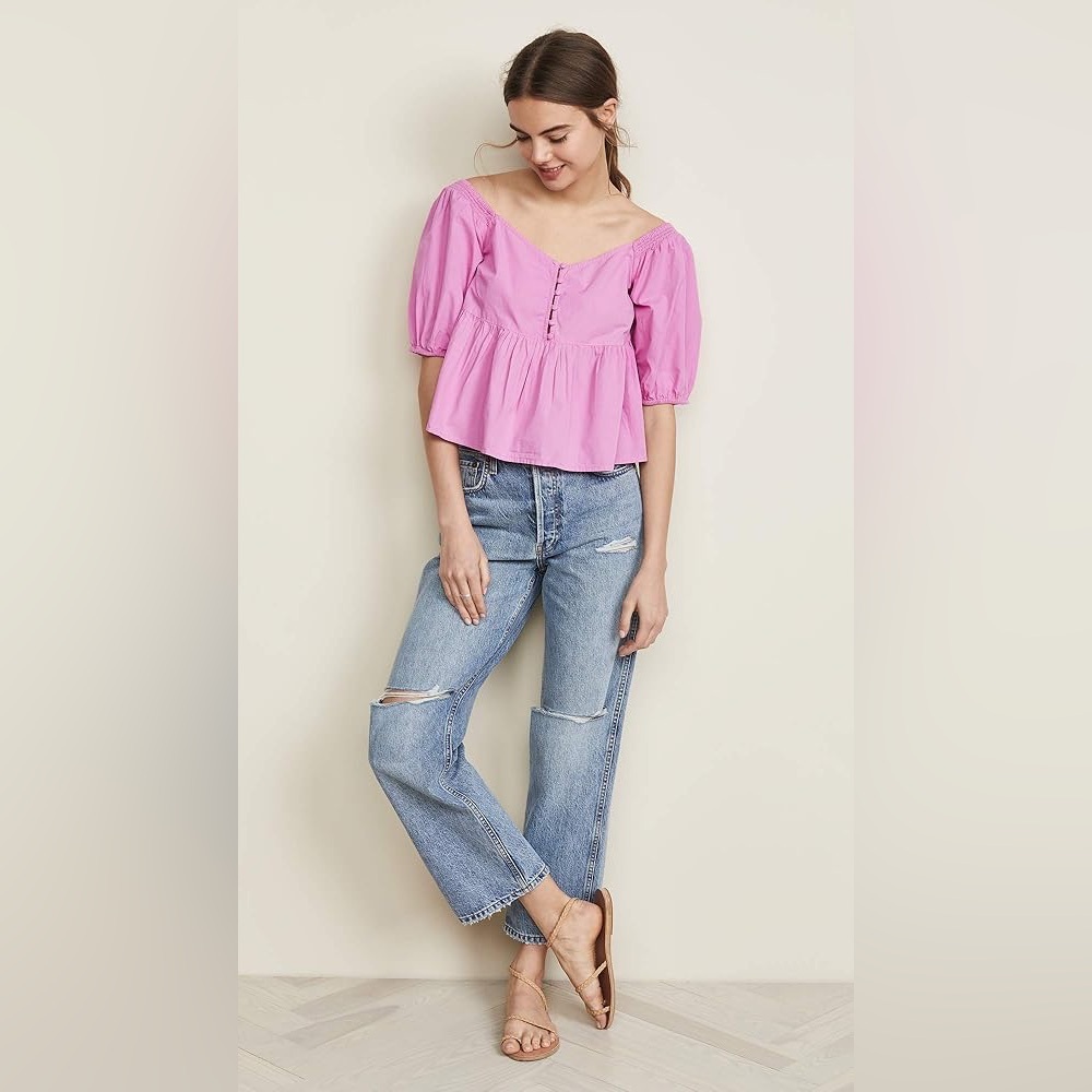 Free People Veronica Peplum Top Pink Puff Sleeve XS